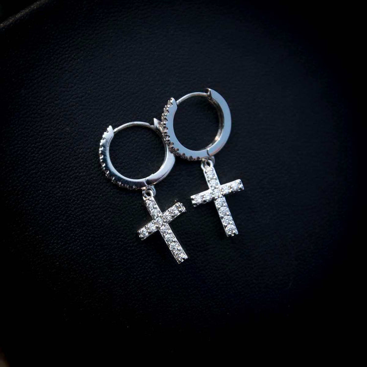 Diamond Cross Hoop Earrings in White Gold