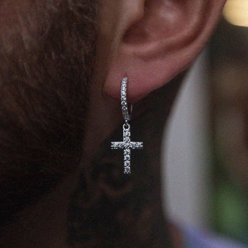 Diamond Cross Hoop Earrings in White Gold