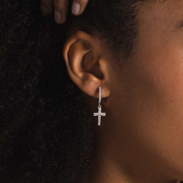 Diamond Cross Micro Huggie Hoop Earrings in White Gold