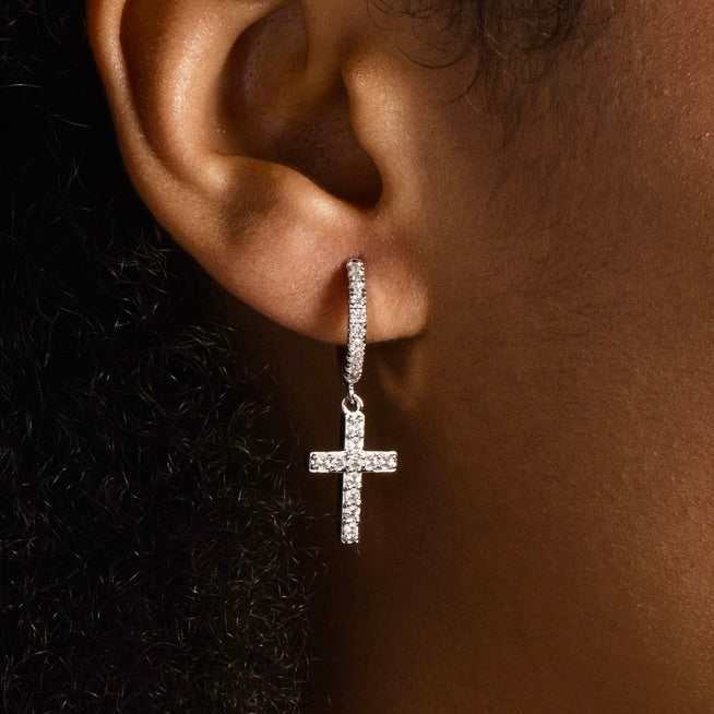 Diamond Cross Hoop Earrings in White Gold