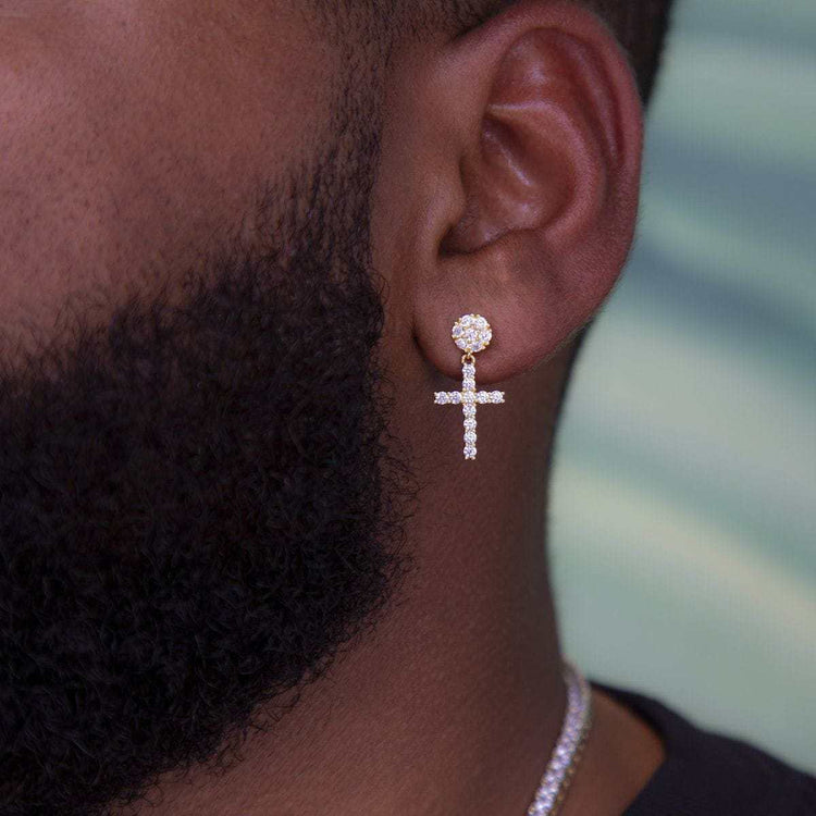 Yellow Gold Mens Diamond Cross Stud Earrings 14k Solid Gold