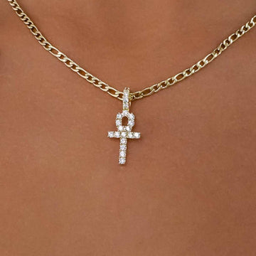 Micro Iced Ankh Cross Pendant in Yellow Gold
