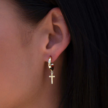 Polished Cross Round Huggie Earrings in Yellow Gold